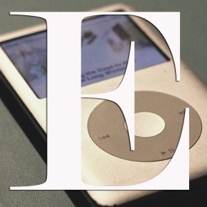 A white letter "E" superimposed over an image of a silver iPod.